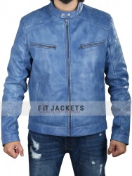 Mens Slim Fit Erect Collar Blue Real Leather Jacket